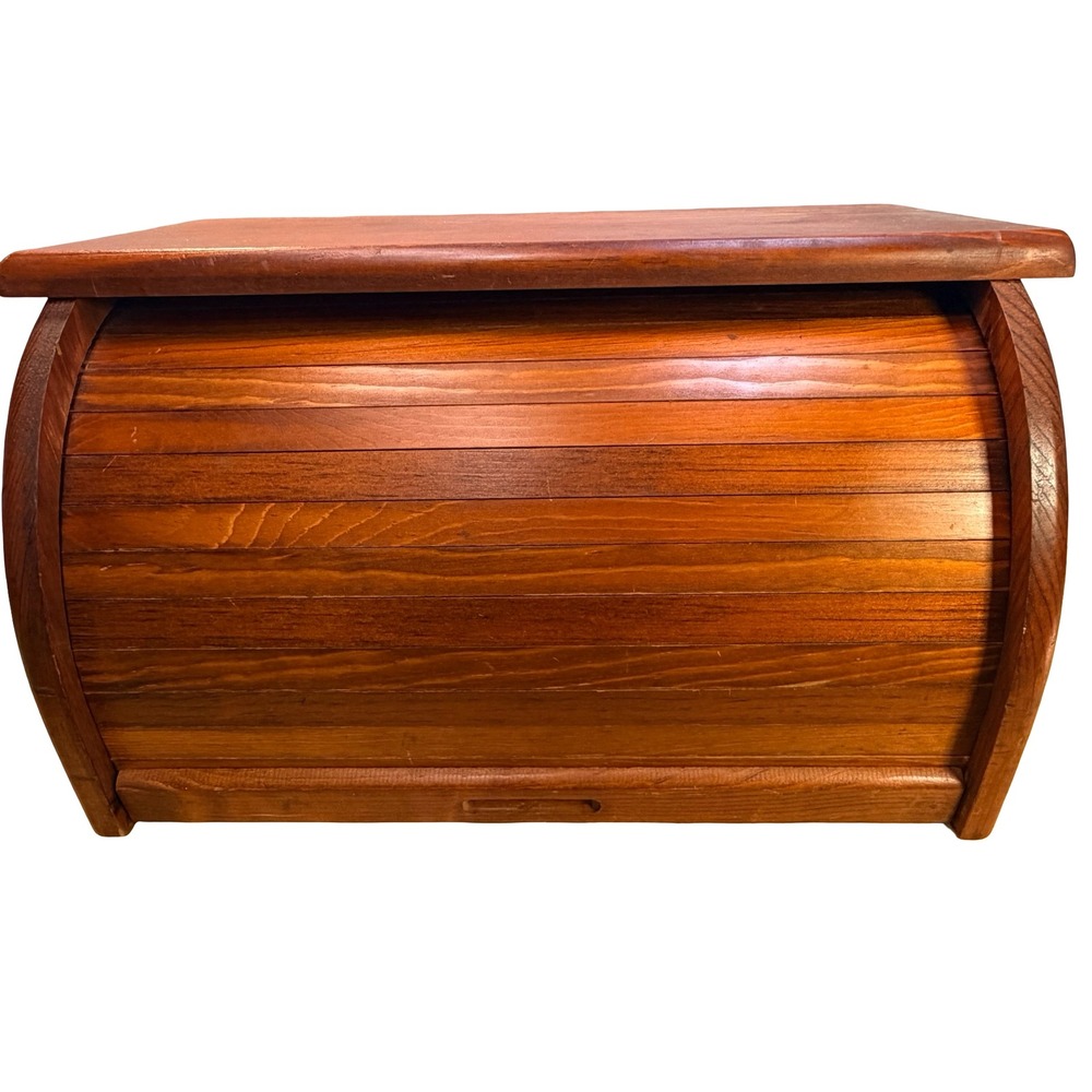 Vintage Wooden Roll Top Bread Box Kitchen Counter Storage Farmhouse Brown MCM